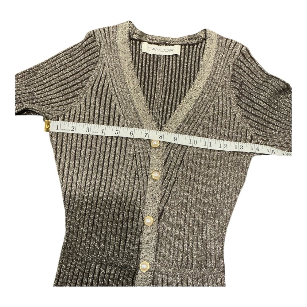 Taylor Metallic Ribbed Knit Dress Gold Button Front Size M - Picture 4 of 8